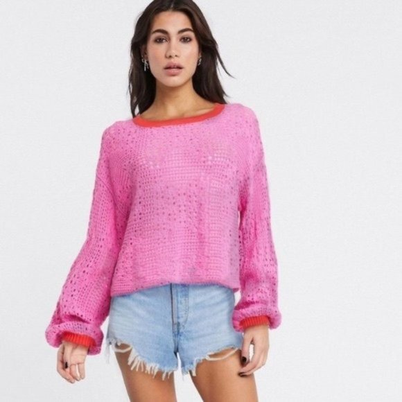 FREE PEOPLE Home Run Crop Sweater - Pink NWT XS - Picture 1 of 3